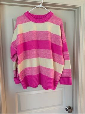 She + Sky Bright Pink and Cream Striped Crewneck Sweater
